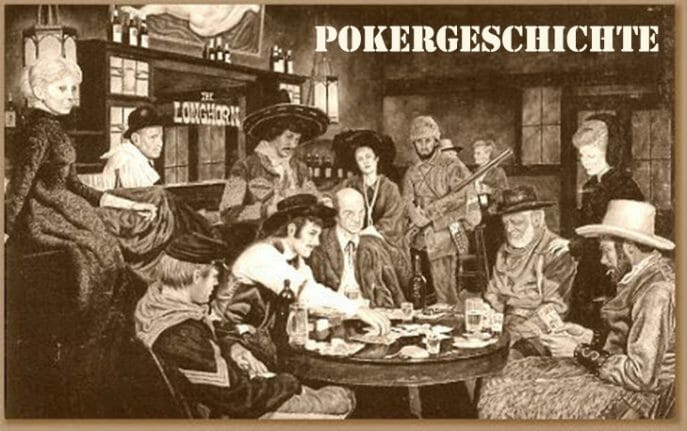 Zu sehen ist eine Szene aus einem amerikanischen Salon aus dem anfänglichen 20. Jahrhundert wo Poker gespielt wird.