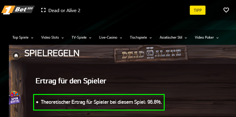 Beispiel aus dem Casino: Der RTP zu Dead or Alive 2