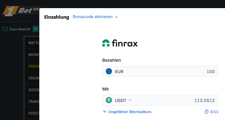 Krytpozahlungen werden bei 1Bet via Finrax abgewickelt