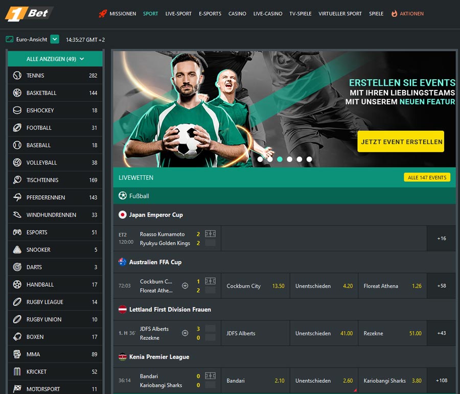 Beispiel für ein internationales Sportsbook.