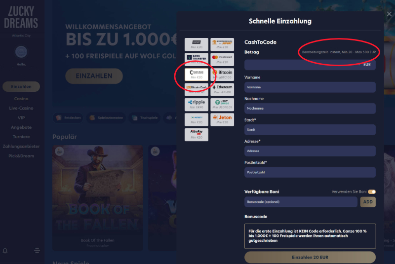 Bei Lucky Dreams kann man bereits ab 20€ mit CashtoCode einzahlen