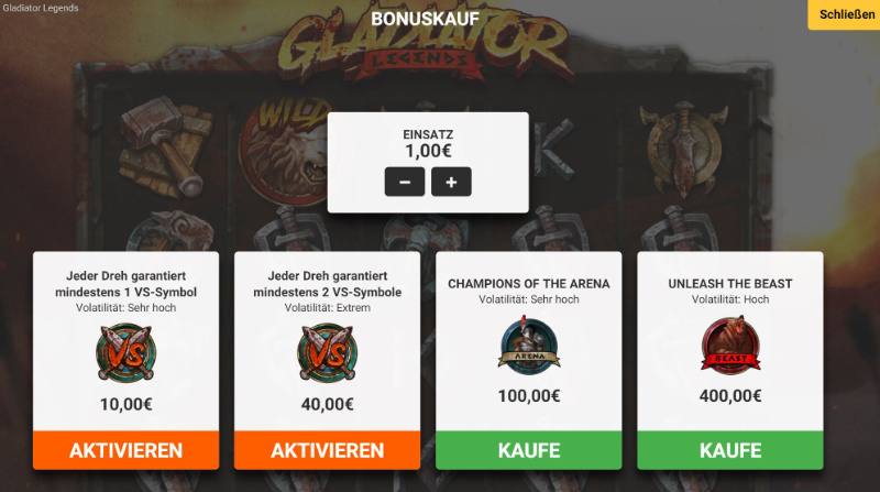 Screenshot der Bonuskauf-Funktion von Gadiator Legends