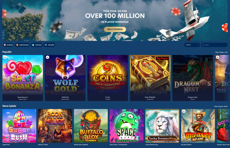  Der Ausschnitt zeigt einen Teil der mehr als 5.000 Slots und Klassikern im Lucky Dreams Casino. Hier kann beispielsweise das Spielautomaten Angebot nach Themen wie: Heiß, Krypto, Bonus Kauf, Jackpot Spiele oder nach anderen Genres entdeckt werden.