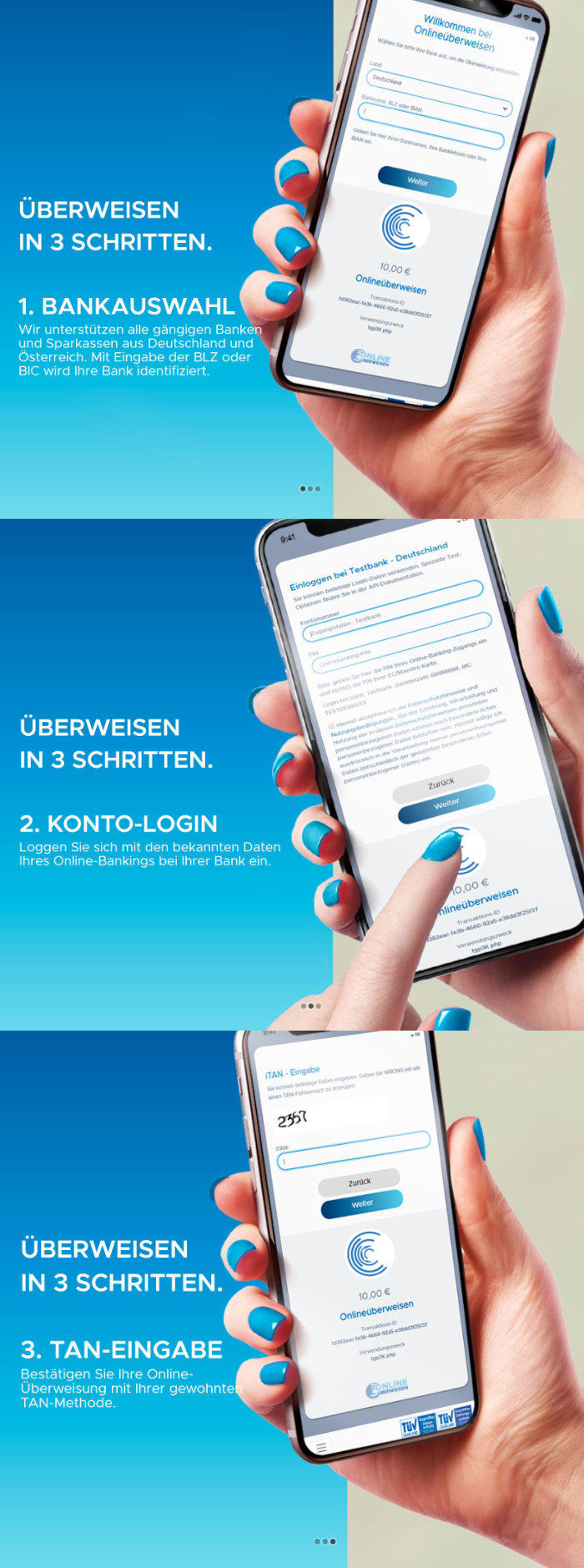 Screenshots von der OnlineÜberweisen Webseite zeigt das überweisen in nur 3 Schritten