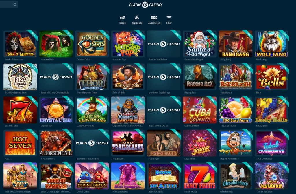 Bild oben: Der Screenshot zeigt eine Auswahl an Spielautomaten im Platincasino.