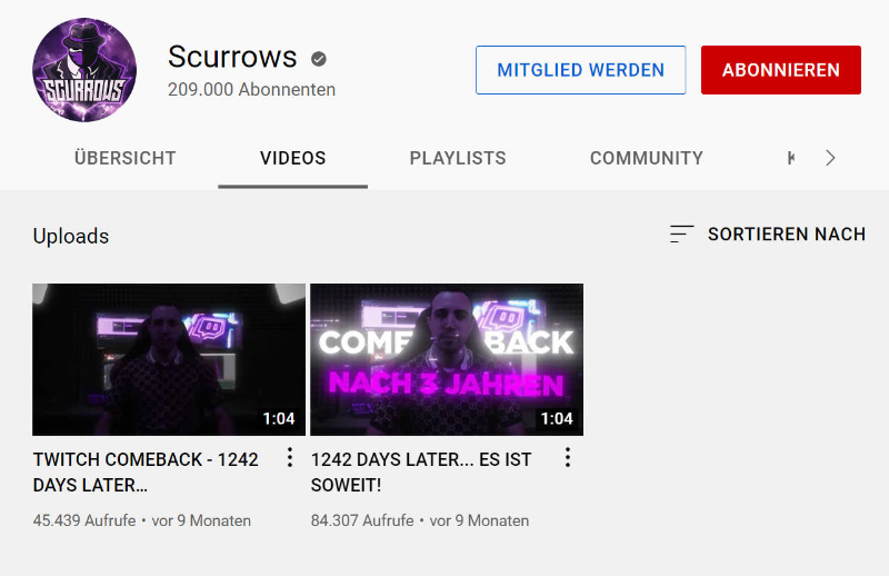 ©youtube.com/c/Scurrows | Der alte Screenshot zeigt noch einige seiner Videos. Mittlerweile sind keine mehr davon auf Youtube zu finden.