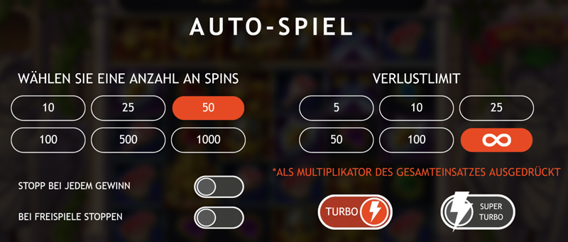Die Autoplay Einstellungen bei den Slots von Massive Studios.