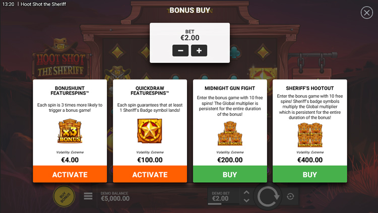 Die vier Bonus Buy Optionen von Hoot Shot the Sheriff 