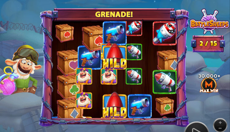 Hier gut zu sehen: Am linken Spielfeldrand schickt sich das Schaf an, eine Granate auf die Walzen zu werfen. Der Screenshot wurde in der Freispielrunde (durch Bonuskauf aktiviert) gemacht, was an dem farblich veränderten Hintergrund und der Tafel rechts zu sehen ist, auf der die Anzahl der absolvierten Freespins gezählt wird.