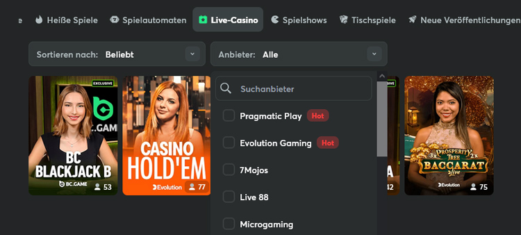 Der erste Eindruck täuscht: Tatsächlich hat BC.Game eine beachtliche Spielesammlung im Live Casino zusammengestellt.