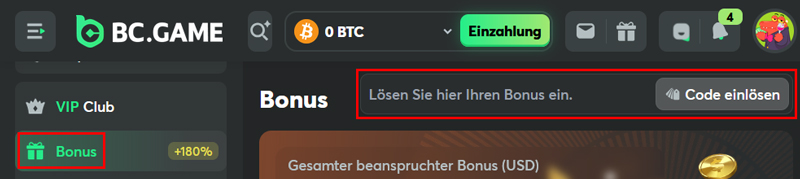 Bonuscodes einlösen bei BC Game