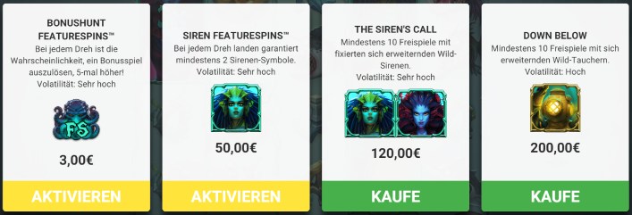 ©Hacksaw Gaming | Die Auswahlmöglichkeiten für die Bonus Buy Funktion im Beast Below online Slot. Die Kosten beziehen sich auf einen Grundeinsatz von 1 Euro.