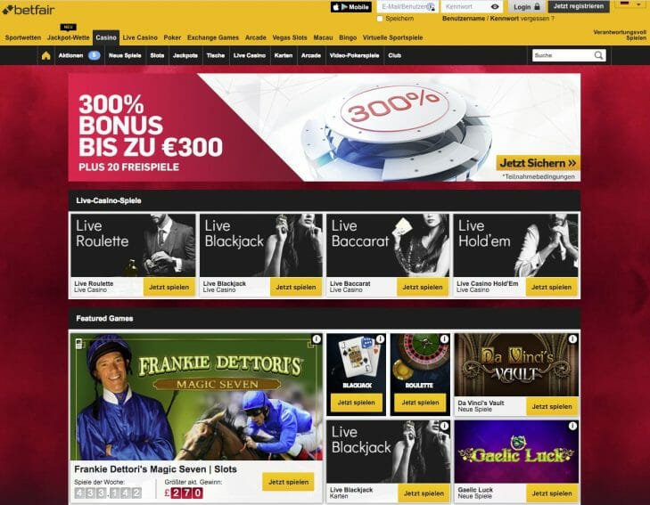 Betfair Casino Webseite