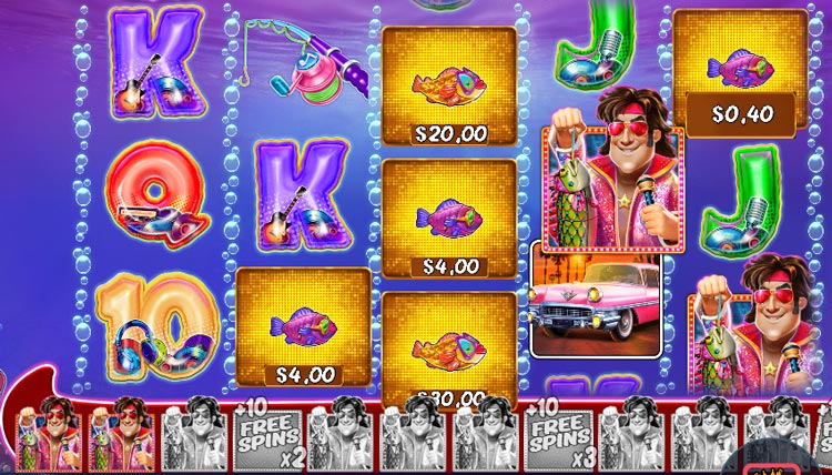 In der Freispielrunde sammelt das Elvis-Symbol die Geldbeträge von den Fischen ein - und füllt gleichzeitig die Freespins-Anzeige, über die sich Respins auslösen lassen.