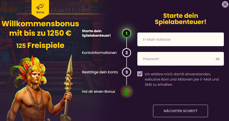 Teil 1 des Bonuspakets macht 1.250 Euro aus und steht nach der Registrierung bereit.