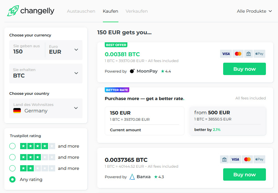 Beispiel für Kaufangebote bei Changelly: Den besten Wechselkurs (Euro zu BTC) bietet Moonpay.