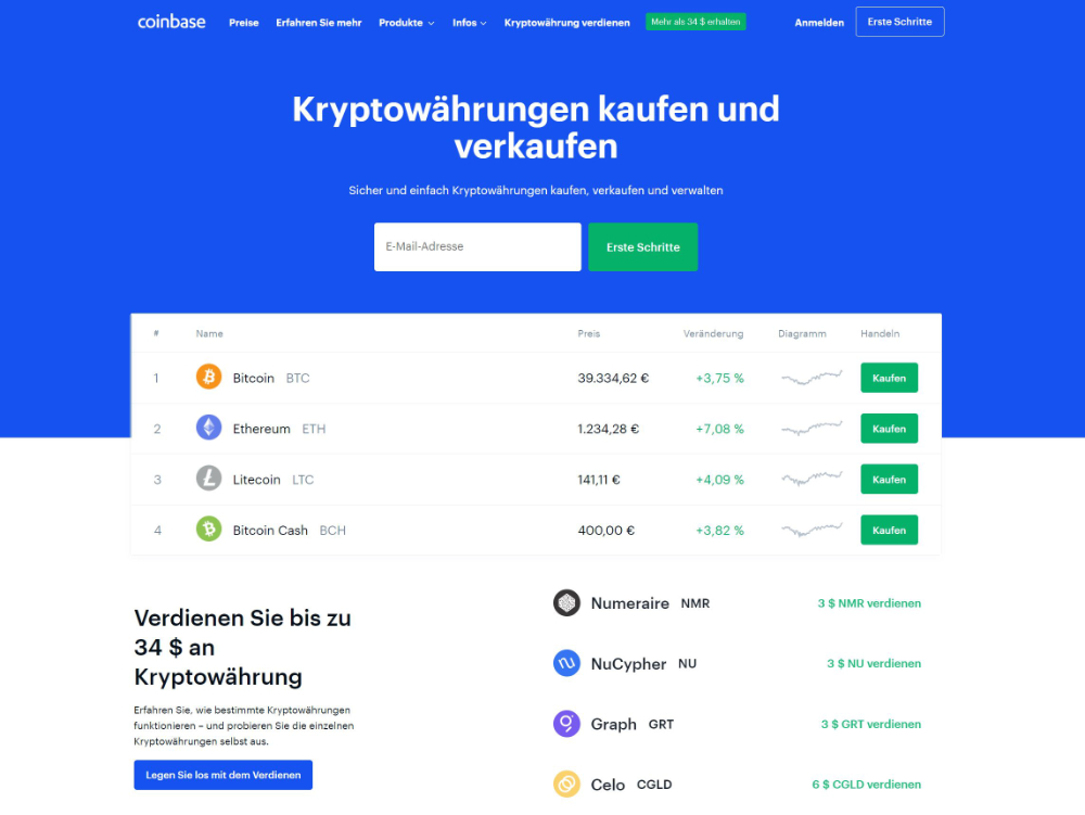 Screenshot zeigt die Coinbase Startseite