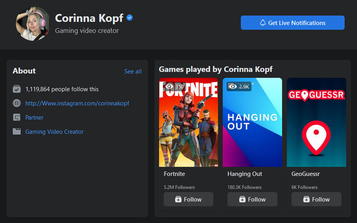 ©facebook.com/gaming/corinnakopff | Die Facebook Gaming Seite von Corinna Kopf ist noch online. Allerdings gibt es keine aktuellen Streams oder Videos mehr von ihr.