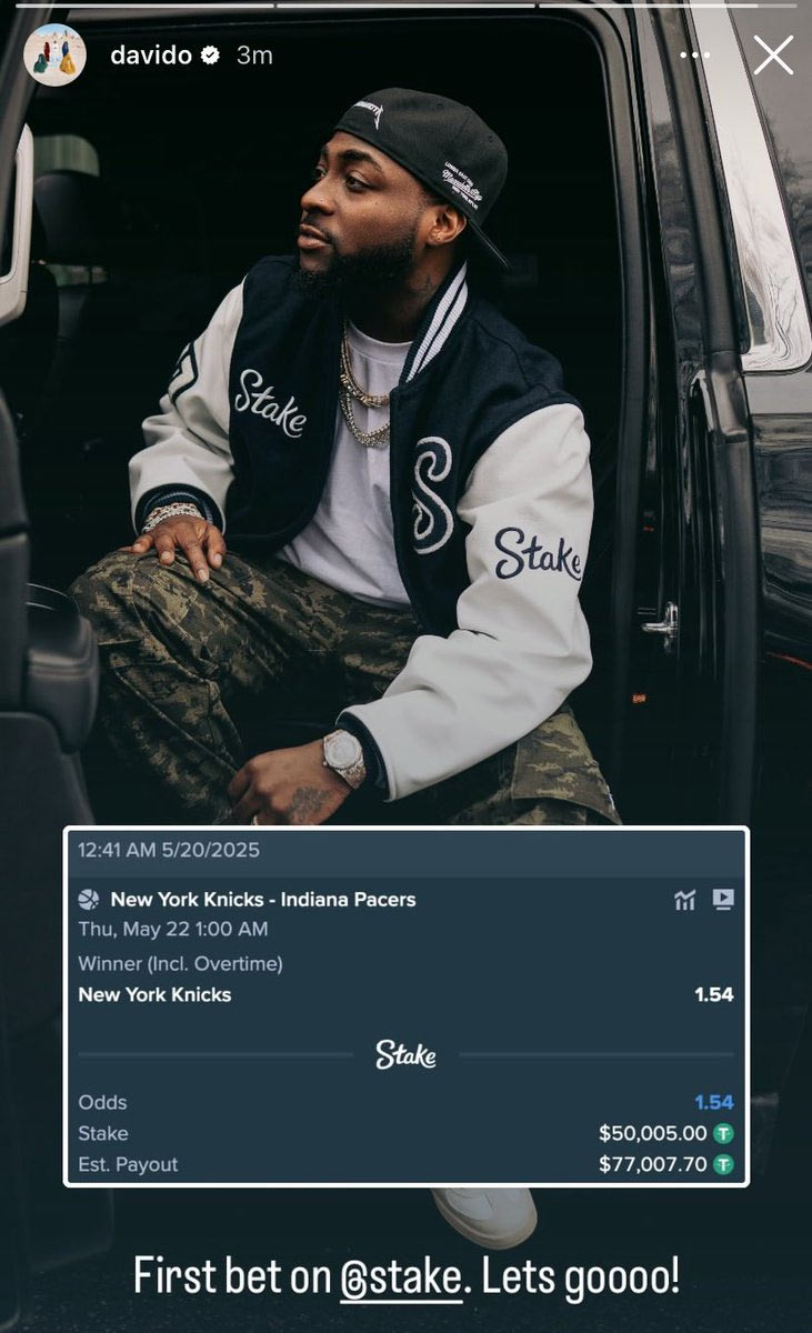 Regelmäßig veröffentlicht Davido seine Wettscheine, wie hier seine "erste Wette bei Stake" in einer Story auf Instagram