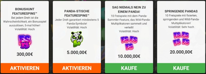 ©Hacksaw Gaming | Die vier Auswahlmöglichkeiten für den Bonuskauf und die Kosten bei einem Grundeinsatz von 100€.