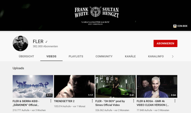 ©youtube.com/fler - Flers anderer Künstlername, Frank White, steht groß im Header.