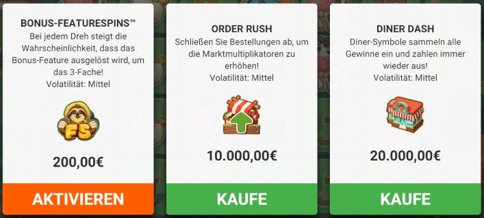 ©Hacksaw Gaming | Die drei Auswahlmöglichkeiten sowie die Kosten bei einem Grundeinsatz von 100€.