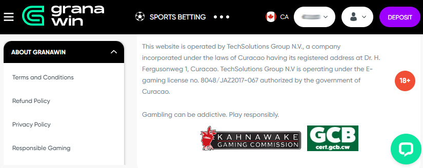 Auf der deutschen Casinoseite leider nicht zu finden, aber auf dem internationalen Granawin-Portal: Der Hinweis auf die Glücksspiellizenz.