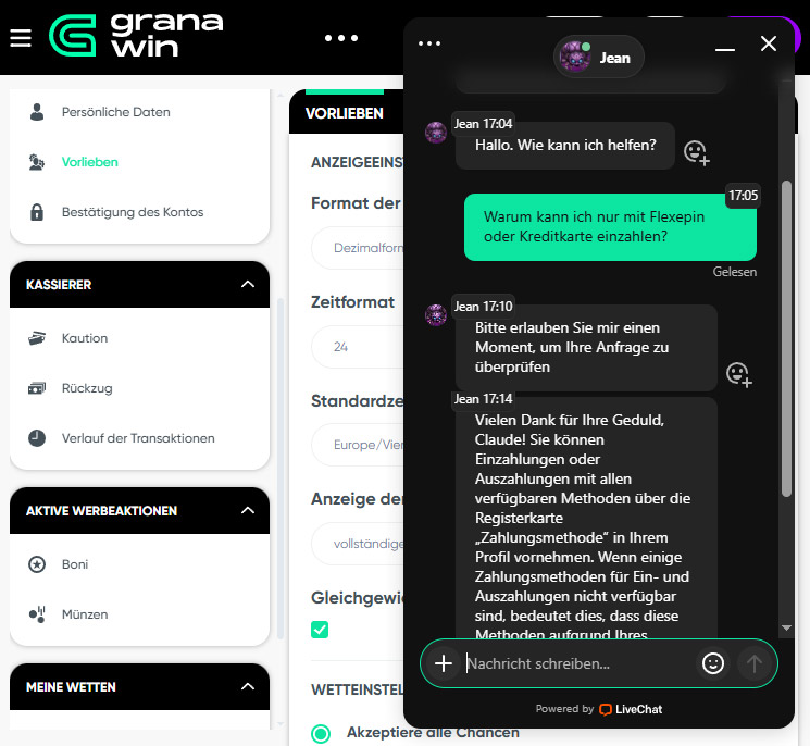 Chatten ist zwar auf Deutsch möglich, aber mit ein wenig Wartezeit verbunden, wie die Zeitstempel im Chat belegen.