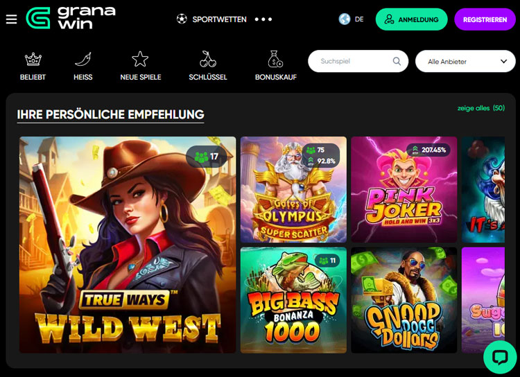 Die Spiele Lobby des Grana Win Casinos