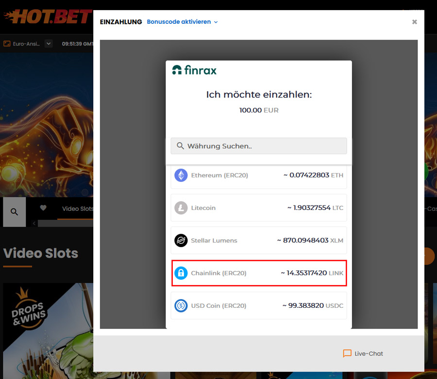 Einzahlen mit LINK im Hot.Bet Casino