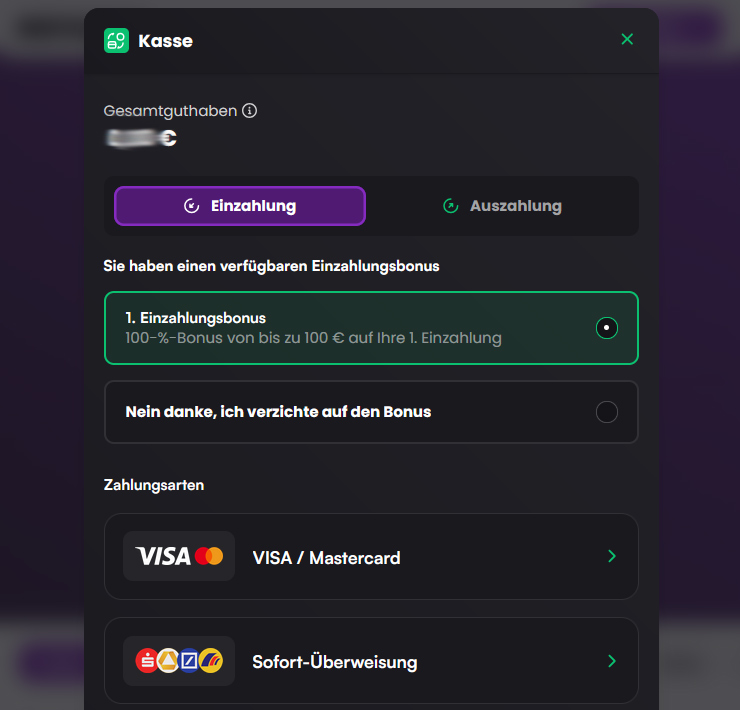 Einzahlen bei Instaspin
