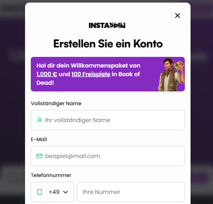 Instaspin Konto registrieren