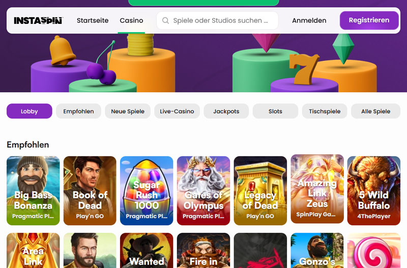 Die Lobby des Instaspin Casinos. Zuallererst werden hier populäre Slotklassiker empfohlen.