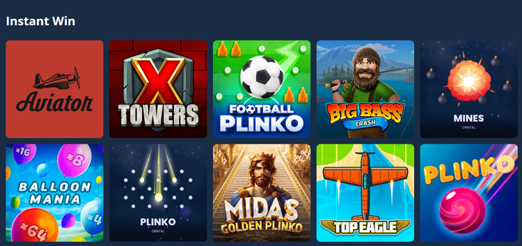 Auswahl der Instant Win Spiele bei Platin