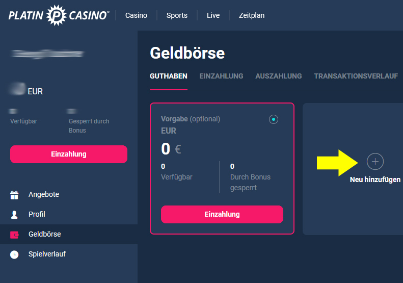 Platincasino Währung hinzufügen
