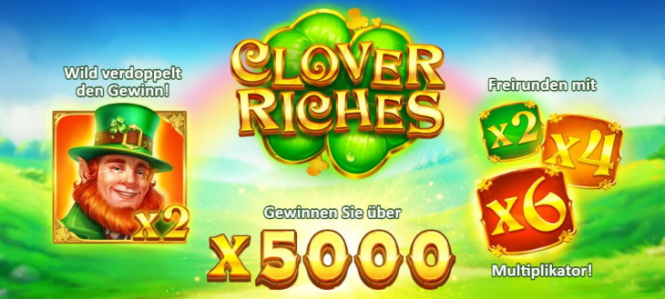 Der Clover Riches Slot von Playson bietet fünf Walzen, die jeweils drei Symbole anzeigen und 20 fixe Gewinnlinien.