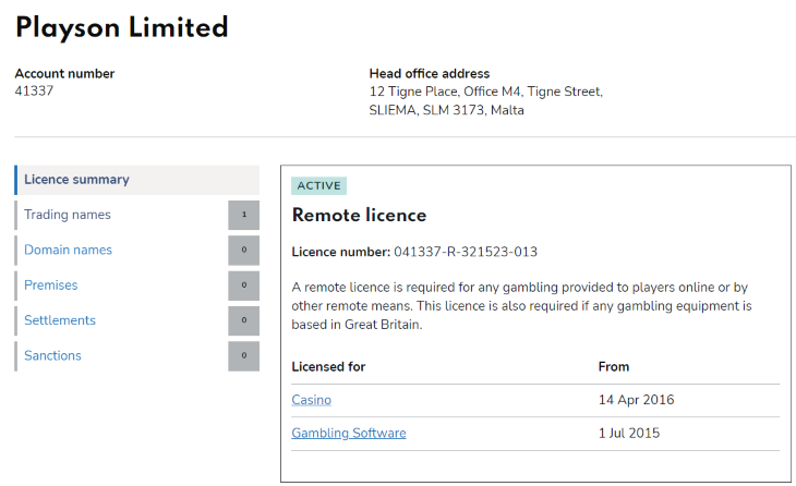 Screenshot der UKGC, welcher zeigt, dass es zum Zeitpunkt unserer Tests keine Sanktionen gegen die Playson Ltd. gegeben hat.