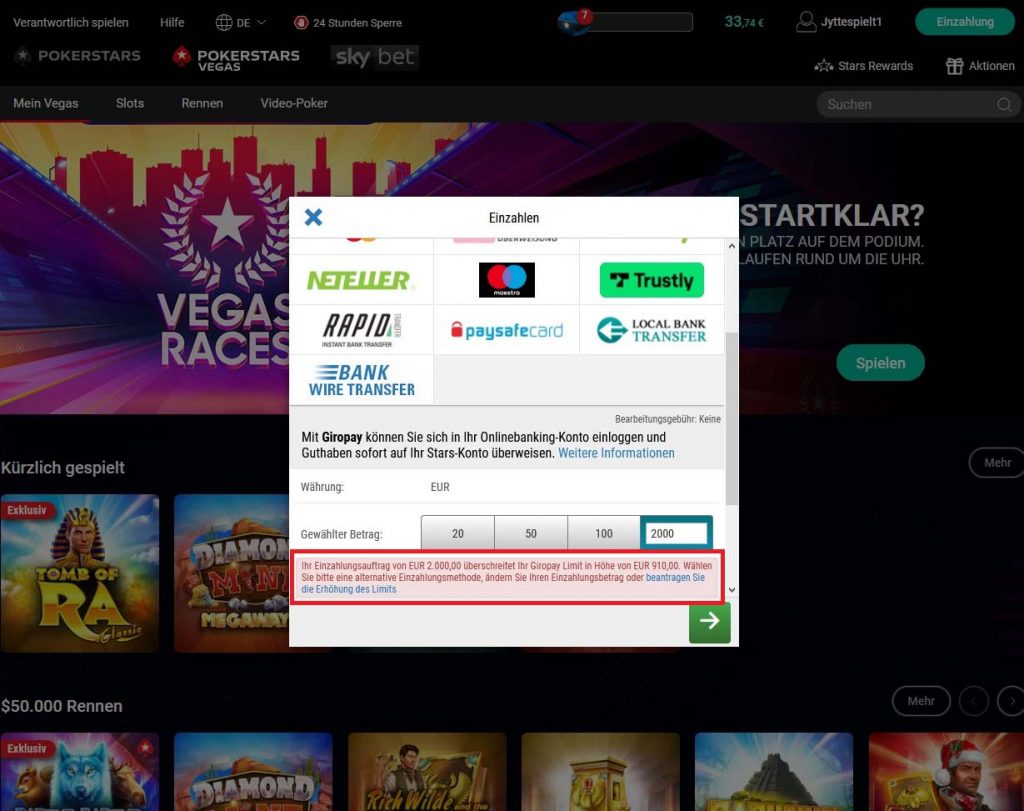 Wir haben getestet: Pokerstars Vegas arbeitet bereits mit dem Einzahlungslimit für deutsche Kunden!