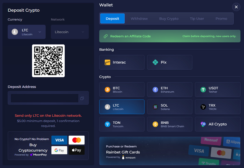 Einzahlen im Rainbet Casino