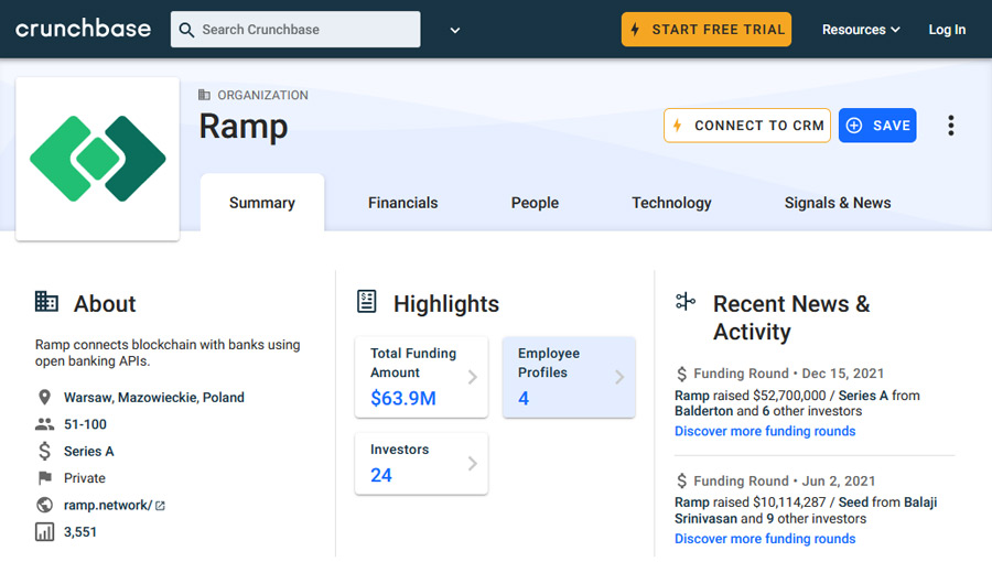 Das Firmenprofil von Ramp auf Crunchbase.