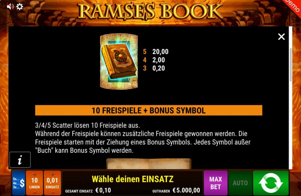 Bild oben: In der Grafik ist ein Teil der Gewinntabelle zu sehen. Im folgenden erklären wir Ihnen die einzelnen Gewinnsymbole und dessen Funktionen, sowie die Features des Spielautomat Ramses Book