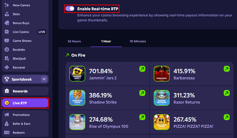 Unter dem Menüpunkt "Live-RTP" wird die aktuelle Auszahlungsrate von Slots angeführt.