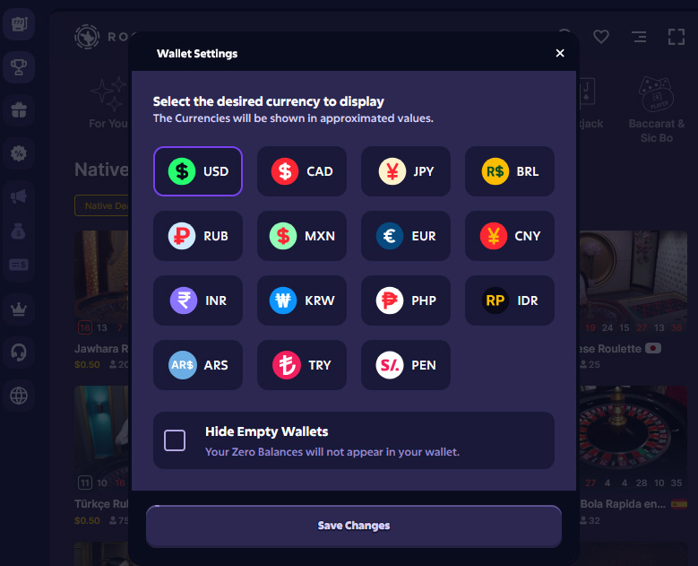 Roobet Wallet Settings