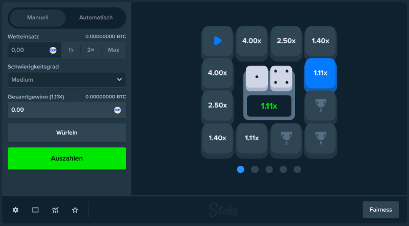 ©Stake | Die Spielfelder sind im Kreis rund um die Würfel angeordnet. Nach dem Wurf rückt man die entsprechende Augenzahl vorwärts - und gewinnt einen Multiplikator, oder verliert, wenn man auf einem Schlangenfeld landet.