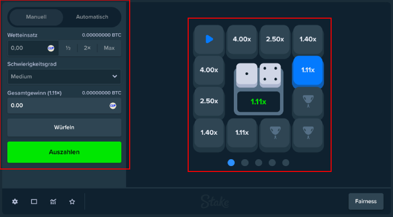 ©Stake | Die Anordnung von Spielfeld und Einsatzfeld auf dem Desktop.