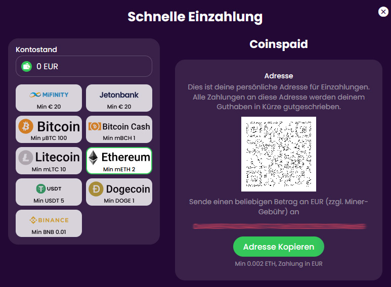 Wer Kryptowährungen auf sein Konto laden möchte, kann diese via Coinspaid kaufen und einzahlen.