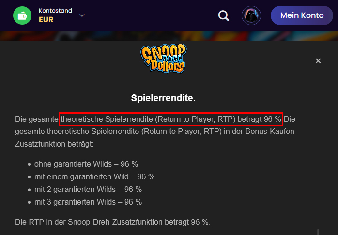 Der theoretische RTP sollte in jeder Spielanleitung zu finden sein.