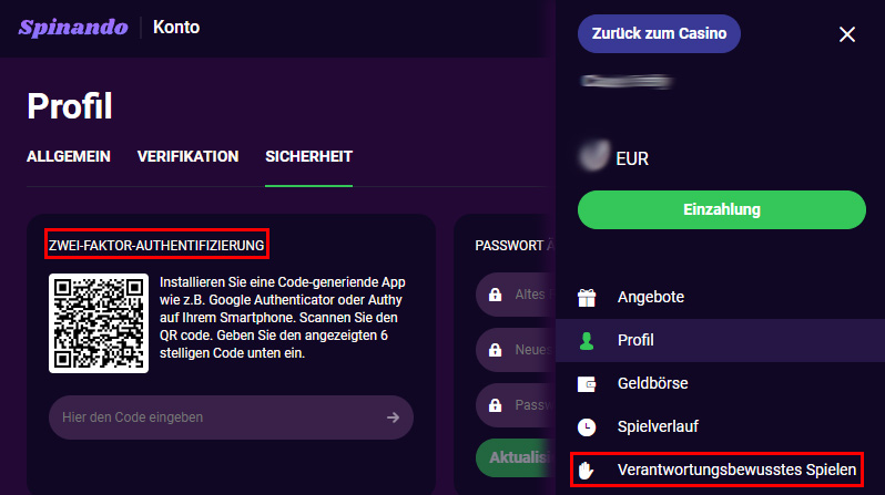 Der Spieler- und Kontoschutz wird bei Spinando vorbildlich umgesetzt: 2FA, Sitzungsprotokoll sowie Tools zur Selbstbeschränkung bietet das Konto.