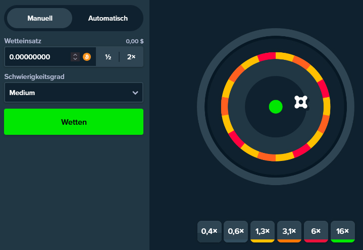 So sieht Darts im Stake Casino aus. Links das Bedienfeld, rechts das Spielfeld. Wie die Legende unterhalb der Dartscheibe zeigt, ist jedem farblichen Segment ein fester Multiplikator zugewiesen.