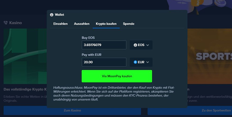 Beispiel für einen Krypto-Kauf via Moonpay.